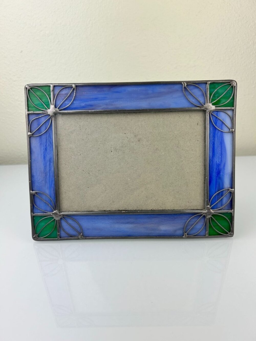 Vintage Stained Glass & Metal Picture Frame Blue Green Silver Home Decor - Picture 2 of 16